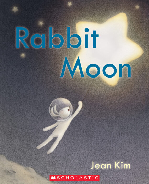 A book cover of Rabbit Moon with an astronaut rabbit reaching towards a big shiny star.