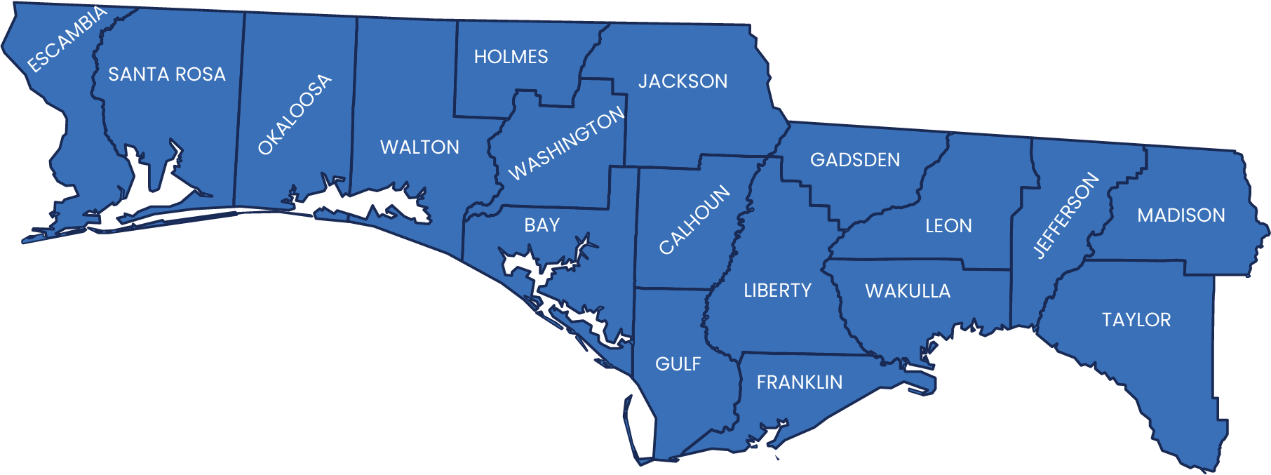 A map of the Panhandle region of Florida with its county lines.