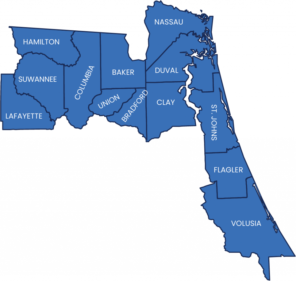 A map of the Northeast region of Florida with its county lines.