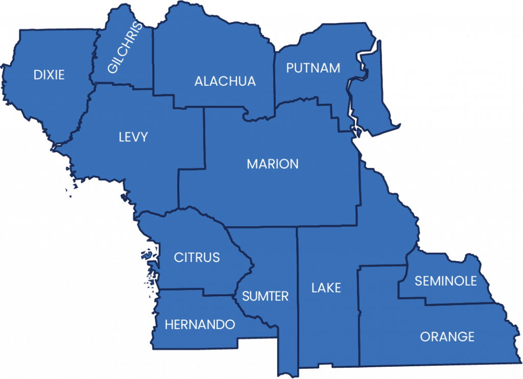 A map of the North Central region of Florida with its county lines.