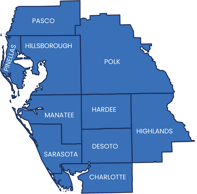 A map of the South Central region of Florida with its county lines.
