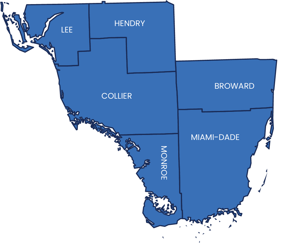 A map of the South Florida region of Florida with its county lines.