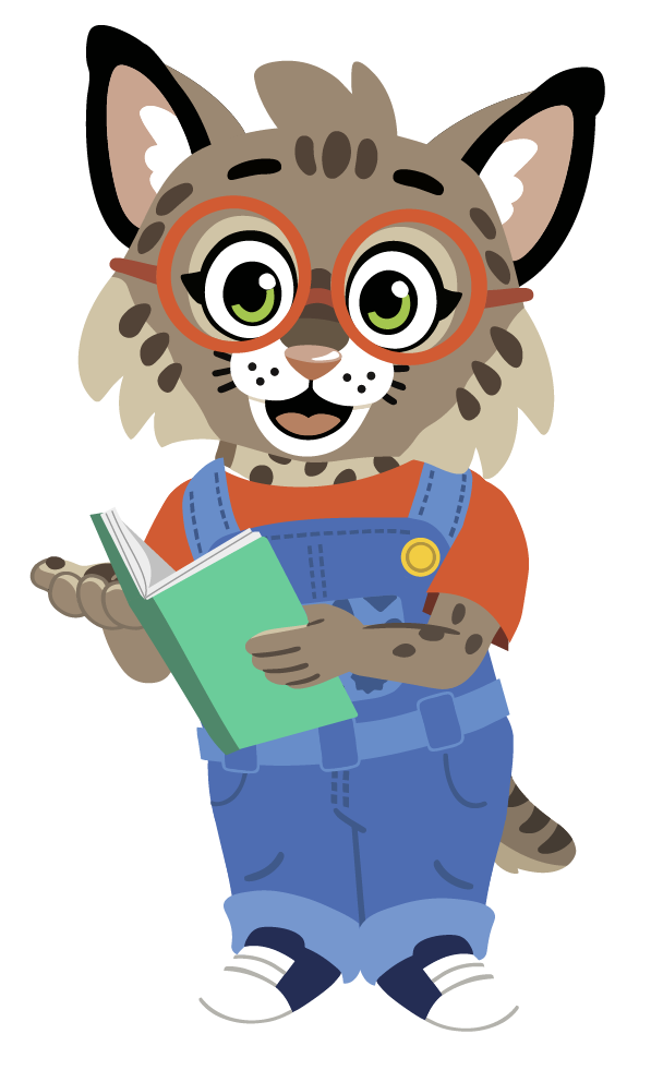 New Worlds Reading mascot Brooks Bobcat standing reading a book