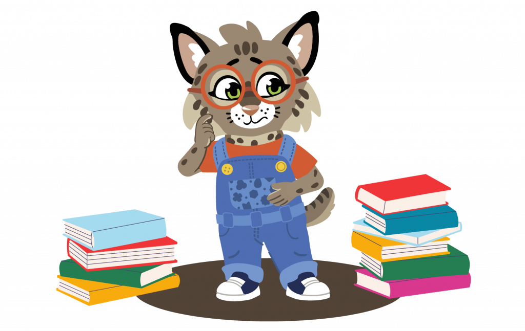 New Worlds Reading mascot Brooks Bobcat looking confused surrounded by books