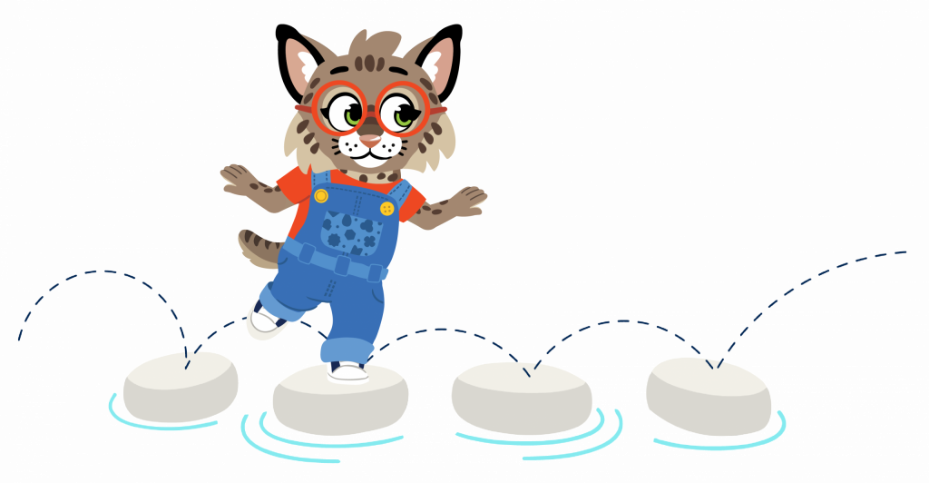 New Worlds Reading mascot Brooks Bobcat hopping from stone to stone