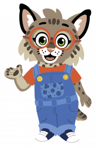 brooks-presenting New Worlds Reading mascot Brooks Bobcat standing with one hand up