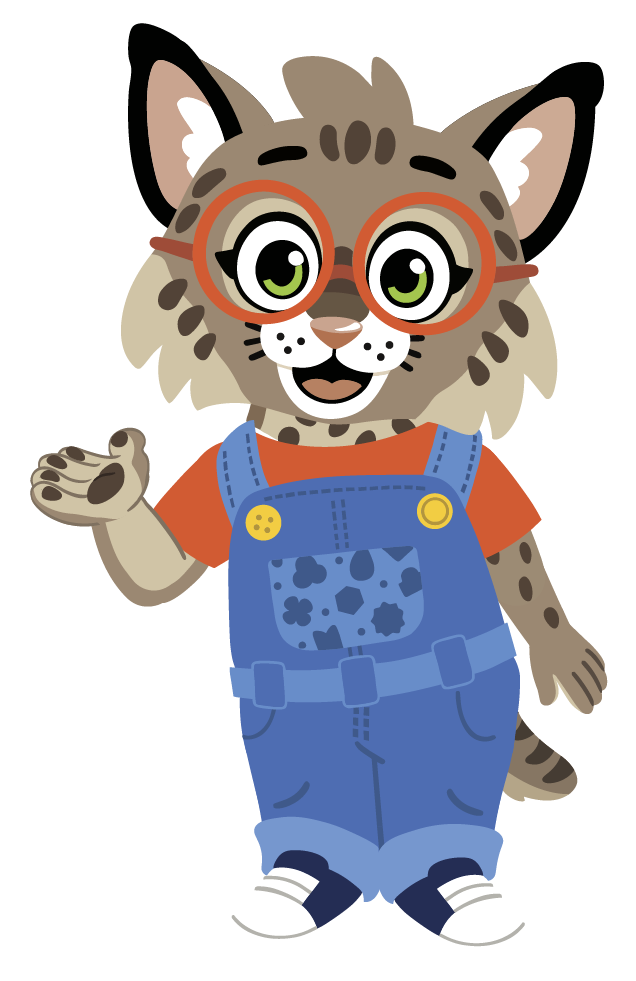 New Worlds Reading mascot Brooks Bobcat standing with one hand up