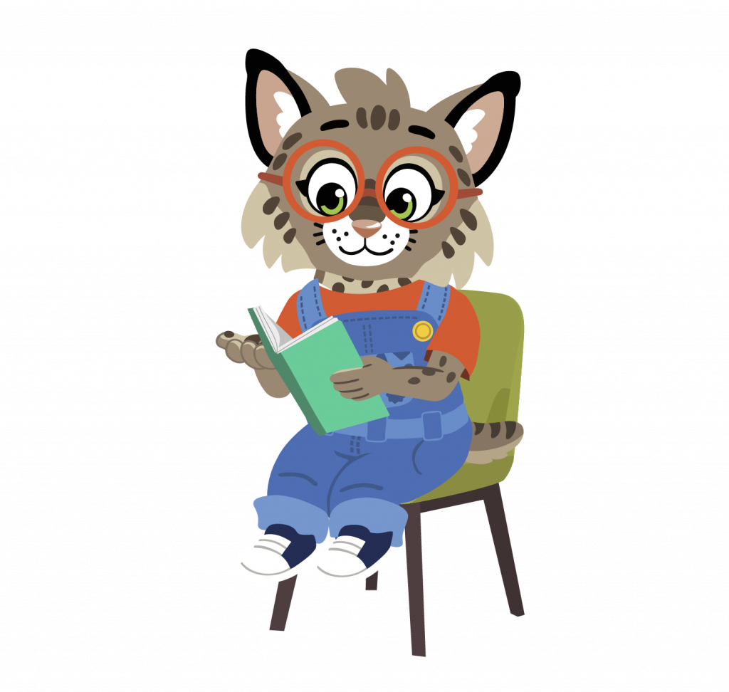 New Worlds Reading mascot Brooks Bobcat reading a book in a chair