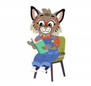 New Worlds Reading mascot Brooks Bobcat reading a book in a chair