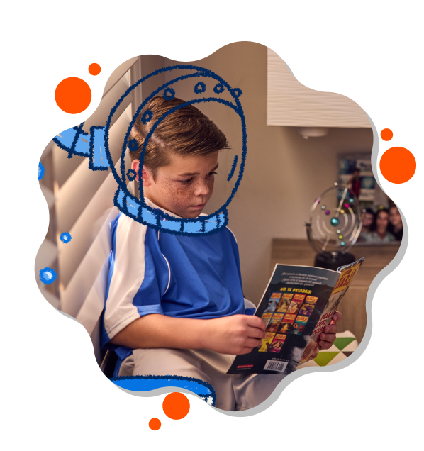 The New Worlds Reading student Faustino reading a book and imagining being an astronaut.