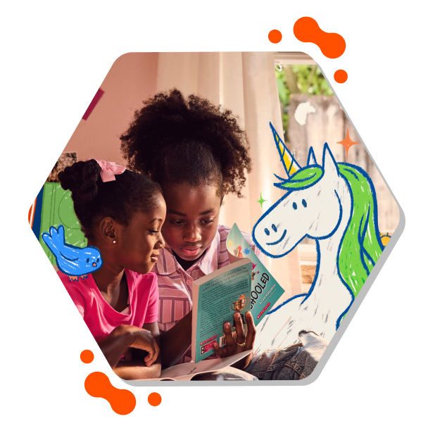 The New Worlds Reading student Jahara reading a book with her younger sister and imagining unicorns around them.