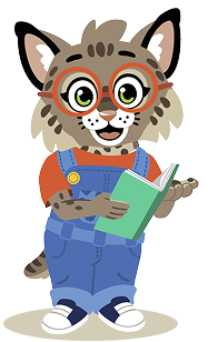 Brooks Standing & Reading - Flipped w Shadow Brooks the Bobcat holding a book, smiling, and talking aloud.