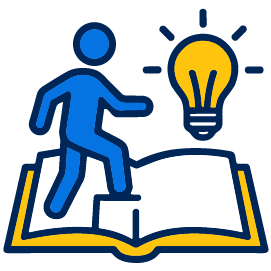 Square 1 An icon of a student stepping up stairs and learning new ideas superimposed onto a book.